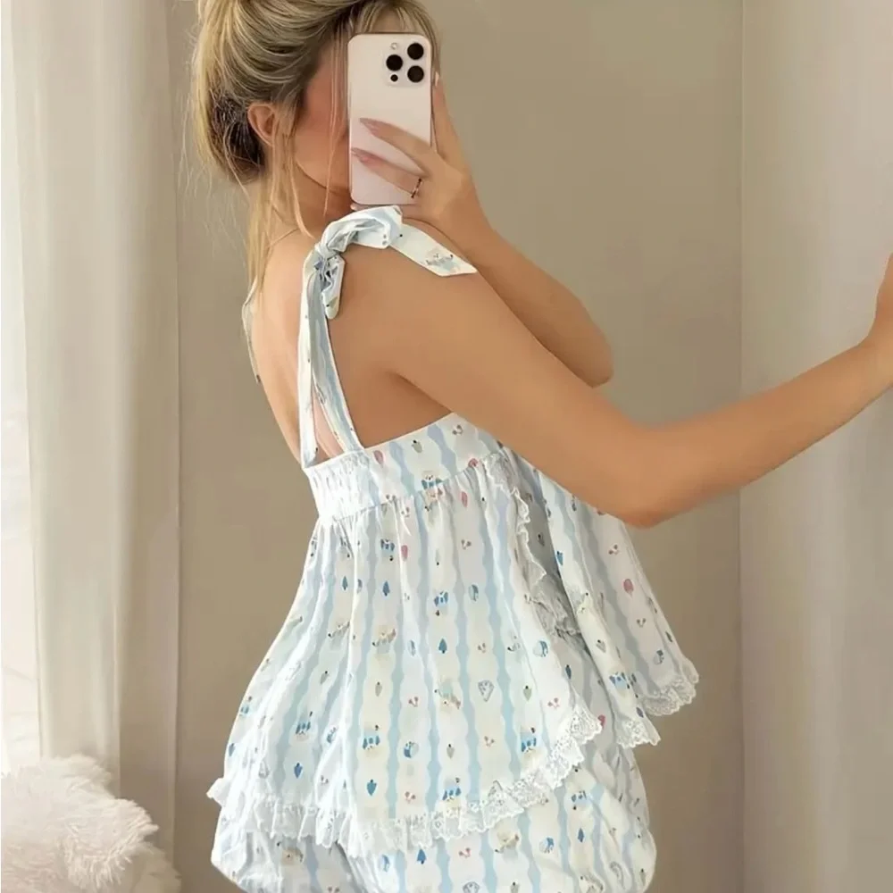 Women's Blue and White Two Piece Baby Doll Sleepwear Set Size Medium - Picture 4 of 5